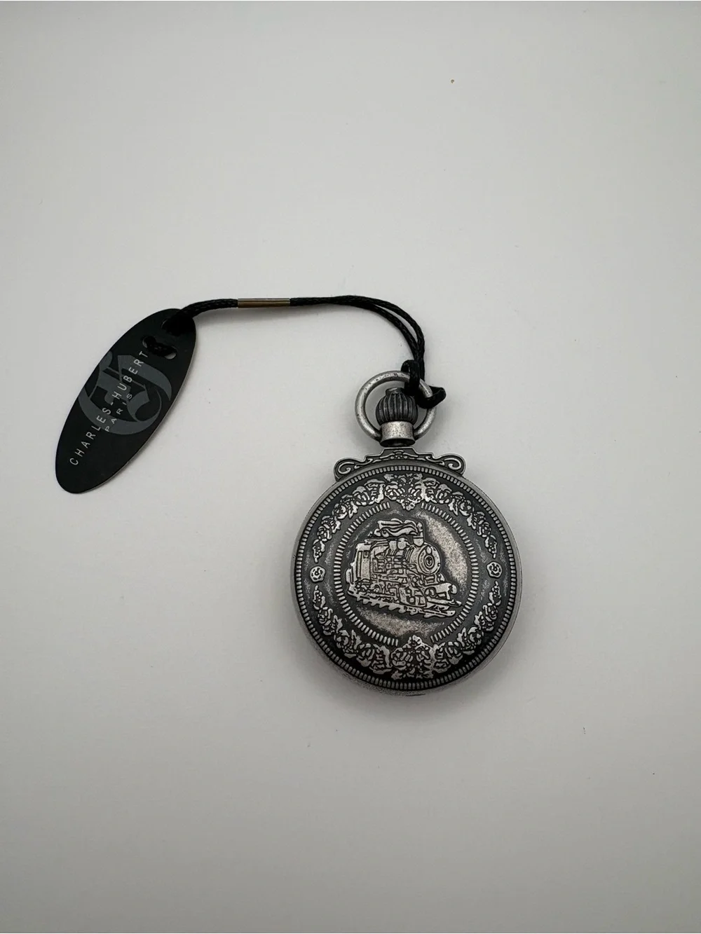 New in Box Charles-Hubert Paris Antiqued Chrome Finish Steam Engine Pocket Watch
